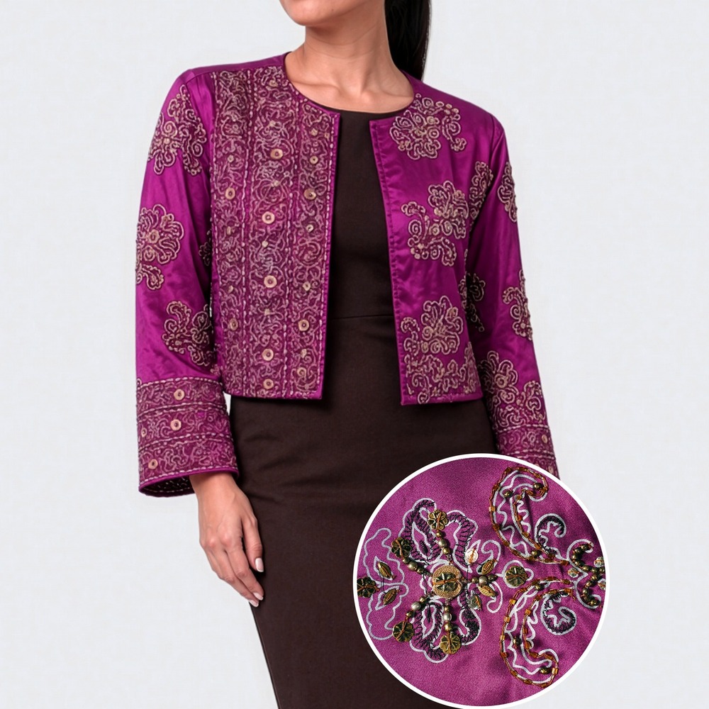 Chico's Embroidered Beaded Sequin M/L 1 Magenta Purple Satin Open Front Jacket